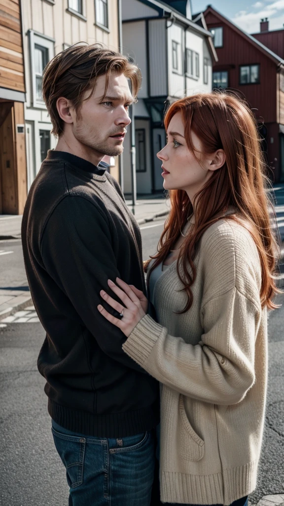 Red-haired Norwegian woman, fighting with dark brown-haired Norwegian man, in front of her house, cinematic, realistic image