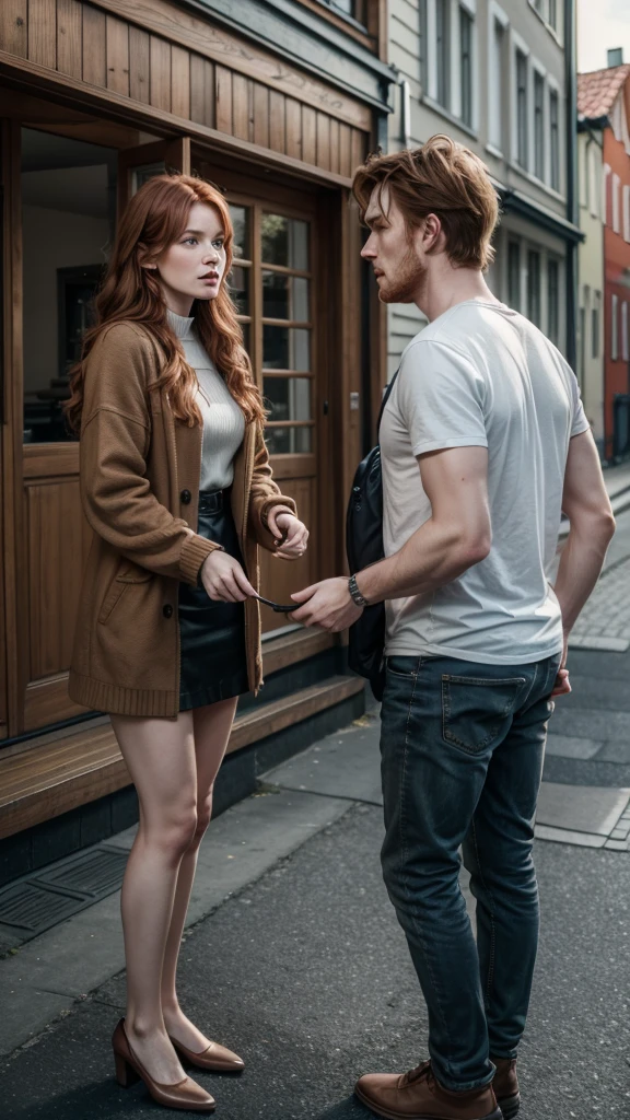 brown haired norwegian man arguing with redhead norwegian woman in front of house arguing on the streets of norway realistic image