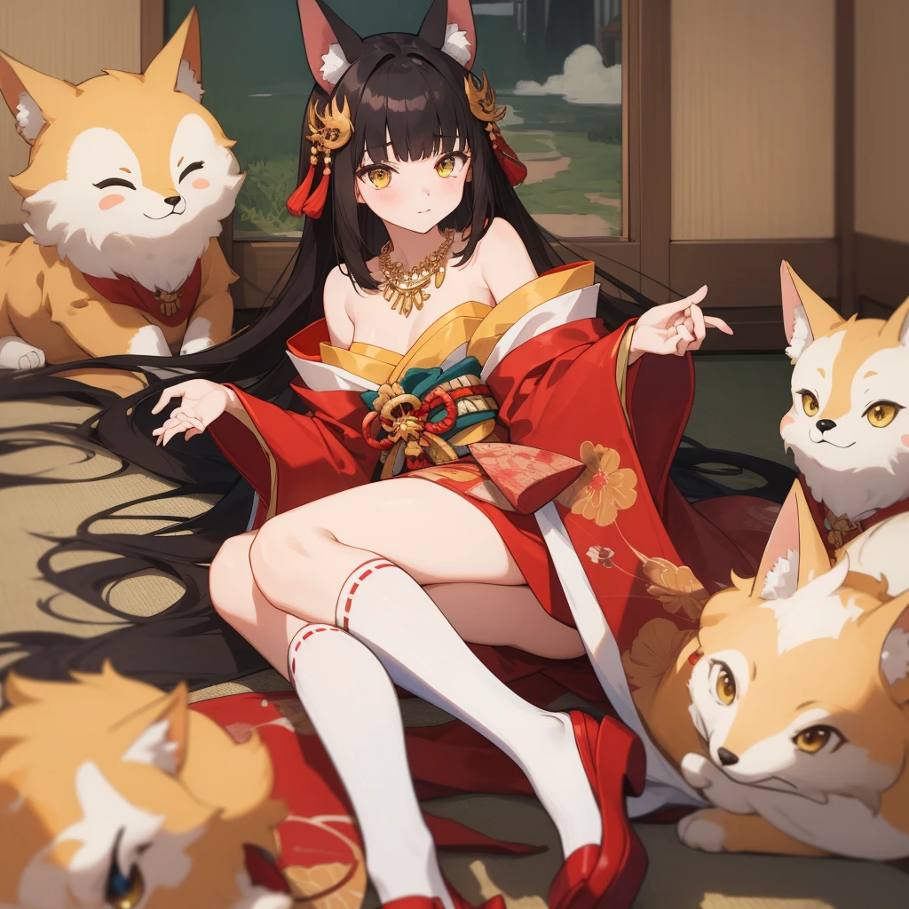 (masterpiece, best quality:1.2),illustration,8k,hd,1girl,solo,long_hair,animal_ears,fox_ears,kneehighs,hair_ornament,black_hair,bangs,white_socks,wide_sleeves,strapless_dress,detached_sleeves,sidelocks,yellow_eyes,red_dress,blunt_bangs,bare_shoulders,necklace,jewelry,japanese_clothes,long_sleeves,red_footwear,