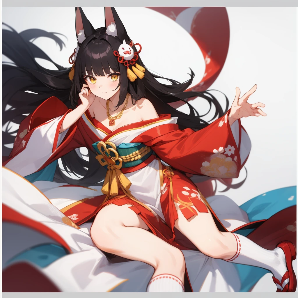 (masterpiece, best quality:1.2),illustration,8k,hd,1girl,solo,long_hair,animal_ears,fox_ears,kneehighs,hair_ornament,black_hair,bangs,white_socks,wide_sleeves,strapless_dress,detached_sleeves,sidelocks,yellow_eyes,red_dress,blunt_bangs,bare_shoulders,necklace,jewelry,japanese_clothes,long_sleeves,red_footwear,