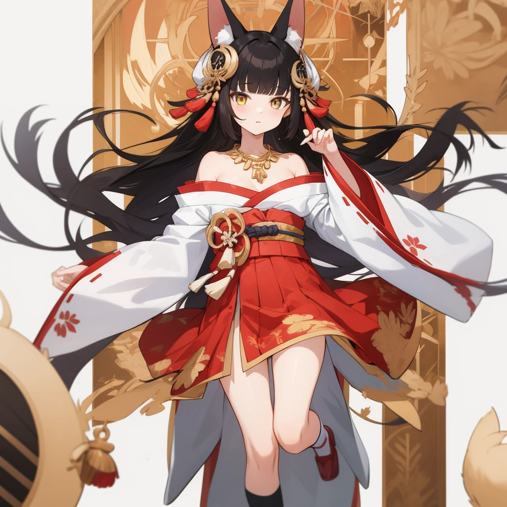 (masterpiece, best quality:1.2),illustration,8k,hd,1girl,solo,long_hair,animal_ears,fox_ears,kneehighs,hair_ornament,black_hair,bangs,white_socks,wide_sleeves,strapless_dress,detached_sleeves,sidelocks,yellow_eyes,red_dress,blunt_bangs,bare_shoulders,necklace,jewelry,japanese_clothes,long_sleeves,red_footwear,