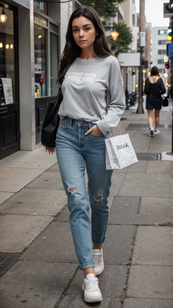 Woman, full length, walking diagonally to her left, wearing casual clothing, sneakers, detailed face, dark hair, returned from shopping, detailed face.