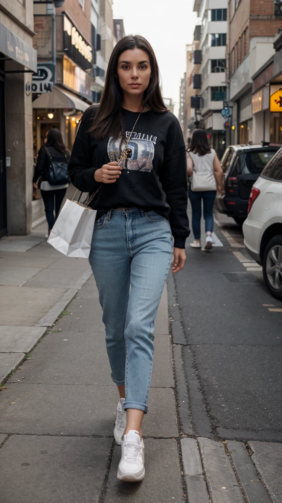 Woman, full length, walking diagonally to her left, wearing casual clothing, sneakers, detailed face, dark hair, returned from shopping, detailed face.