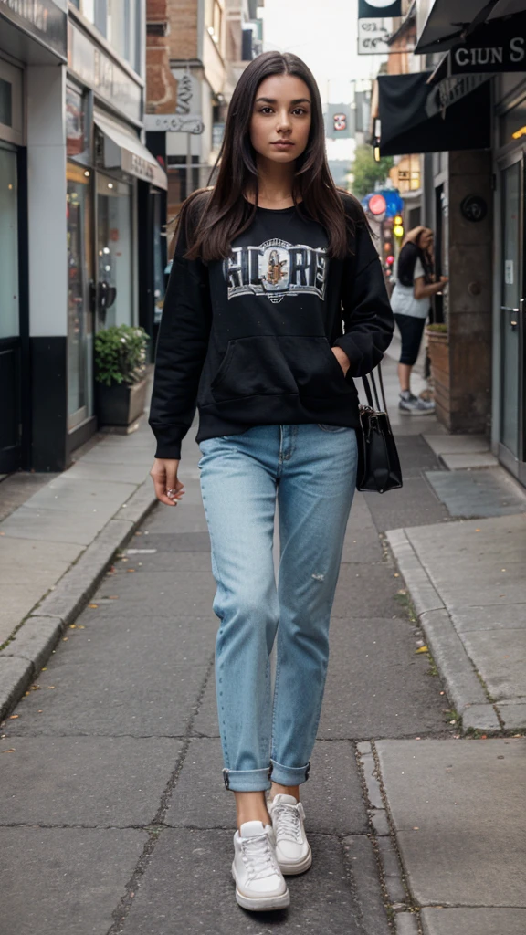 Woman, full length, walking diagonally to her left, wearing casual clothing, sneakers, detailed face, dark hair, returned from shopping, detailed face.