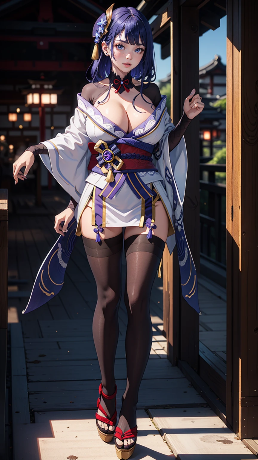 Masterpiece, ultra detail, high quality, 8k cg, huge , raidenshogundef, blush, bright eyes, standing, slim body, narrow waist, (full body:1.5), ((Indigo Pantyho
