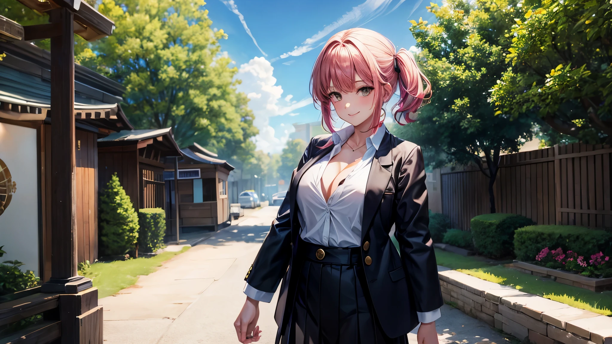 1girl, full body, solo, summer, village, trees, sun, clouds, ((colorful hair)), large breasts, ((black blazer)), button down shirt, ((white shirt)), ((short sleeved shirt)), ((unbuttoned shirt)), unbuttoning buttons, cleavage 1:3, brown eyes, skirt, smile, looking at the viewer, standing, hair ribbon, golden necklate