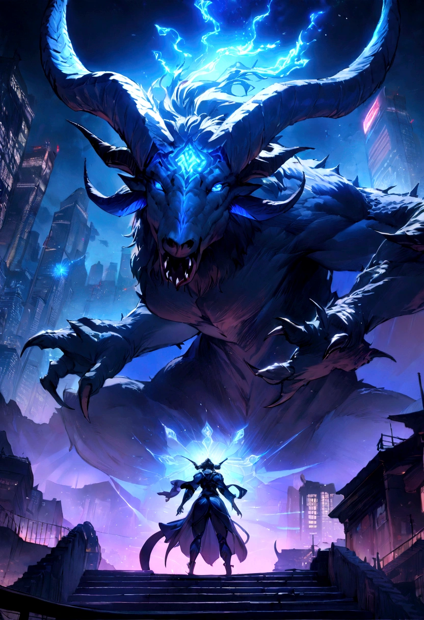 ((masterpiece, Highest quality, Best image quality, High resolution)), a majestic gothic dragon, The head is that of a long-horned goat、dangerous & Powerful creatures, mythical creatures, an ominous fantasy illustration, Greek Dark Mythology、Glowing blue eyes and advanced cybernetic enhancements. The giant demon is seen in a dynamic action pose, Neon-lit rooftop, reflection on a smooth surface. The cityscape below is filled with towering skyscrapers., illuminated by colorful holographic advertisements, Shining with blue energy, Mighty power. The overall atmosphere is dark and mysterious., It had a futuristic techno vibe.. The lighting is dramatic, Intense highlights and deep shadows, Creates depth and tension.