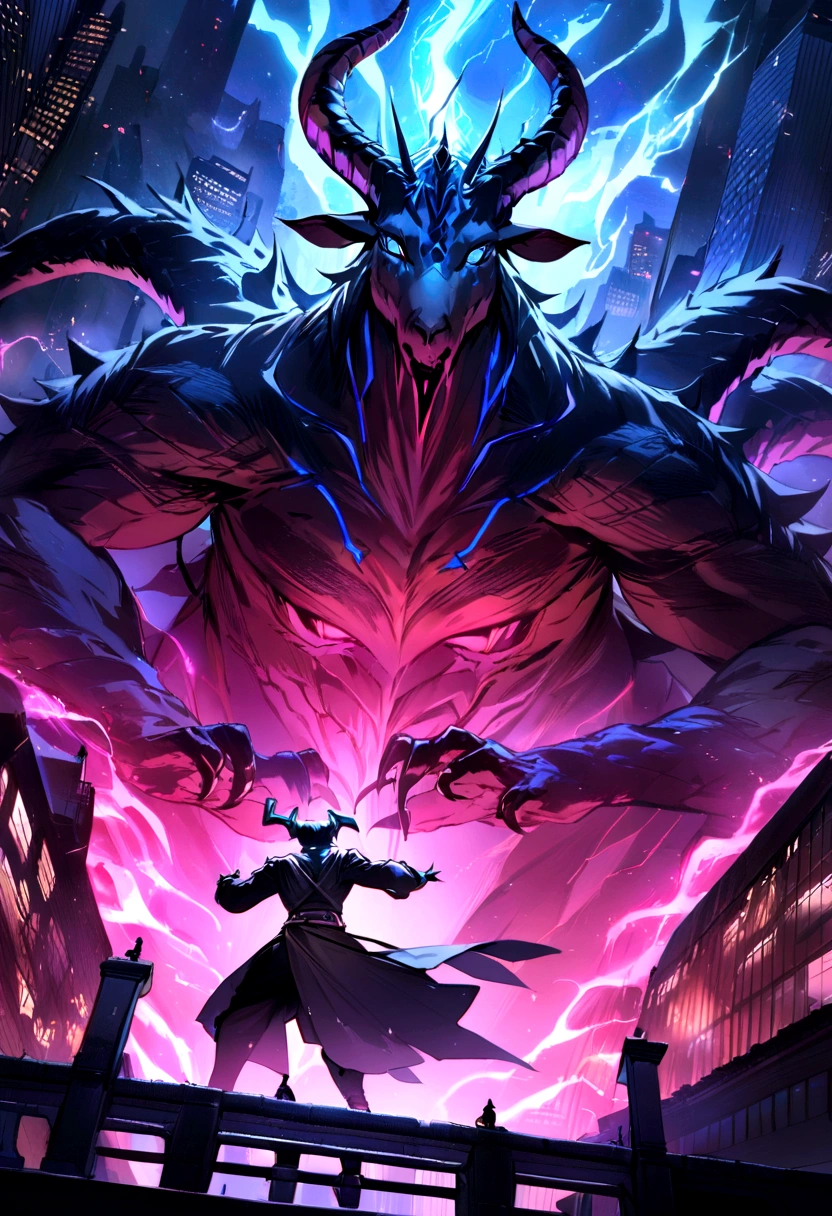 ((masterpiece, Highest quality, Best image quality, High resolution)), a majestic gothic dragon, The head is that of a long-horned goat、dangerous & Powerful creatures, mythical creatures, an ominous fantasy illustration, Greek Dark Mythology、Glowing blue eyes and advanced cybernetic enhancements. The giant demon is seen in a dynamic action pose, Neon-lit rooftop, reflection on a smooth surface. The cityscape below is filled with towering skyscrapers., illuminated by colorful holographic advertisements, Shining with blue energy, Mighty power. The overall atmosphere is dark and mysterious., It had a futuristic techno vibe.. The lighting is dramatic, Intense highlights and deep shadows, Creates depth and tension.