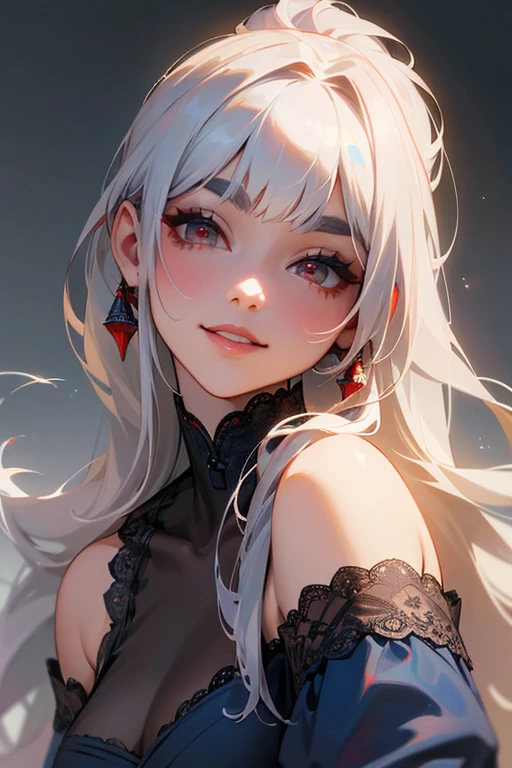(Highest quality, masterpiece:1.2), (High resolution, 最高masterpiece).(difficult).Very detailed, Realistic:1.37, Fantasy, An illustration,Gray Hair、 Red eyes、Queen, Navy and blue dress、beautifully、Eyeshadow Red、Thick eyebrows、Long eyelashes、pupils are black、shiny on the lips、Top Sites、Queen、Princess、A kind smile、Show your teeth a little and smile、Soft impression、people々Loved by、Slimming the face、Shoulder Bare、ponytail、Kissing Face、Long white hair、Shaggy Bangs、Save face image、Lace Underwear、、