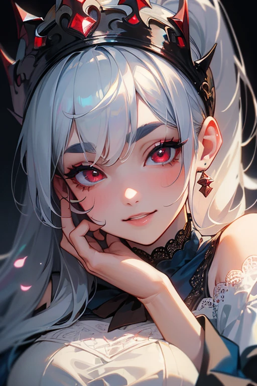(Highest quality, masterpiece:1.2), (High resolution, 最高masterpiece).(difficult).Very detailed, Realistic:1.37, Fantasy, An illustration,Gray Hair、 Red eyes、Queen, Navy and blue dress、beautifully、Eyeshadow Red、Thick eyebrows、Long eyelashes、pupils are black、shiny on the lips、Top Sites、Queen、Princess、A kind smile、Show your teeth a little and smile、Soft impression、people々Loved by、Slimming the face、Shoulder Bare、ponytail、Kissing Face、Long white hair、Shaggy Bangs、Save face image、Lace Underwear、、