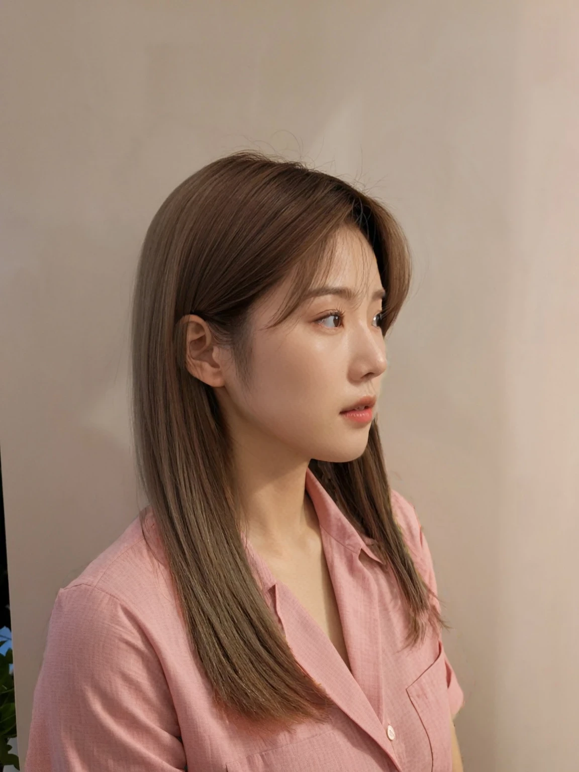 Best Quality, 8k, Masterpiece, (Portrait: 1.3), (photo realistic:1.4), (hyper realistic:1.4), Sharp Focus, looking at viewer, (smoother lighting:1.1), (increase cinematic lighting quality:0.9), realistic lighting, backlighting, light on face, ray trace, (brightening light:1.2), (Increase quality:1.4), sharp detail, (best quality real texture skin:1.4), finely detailed eyes, black_eyes, finely detailed face, 25 year old Korean woman, (red formal_shirt:1.4), (Create an image maintaining the original base model hairstyle:1.5)