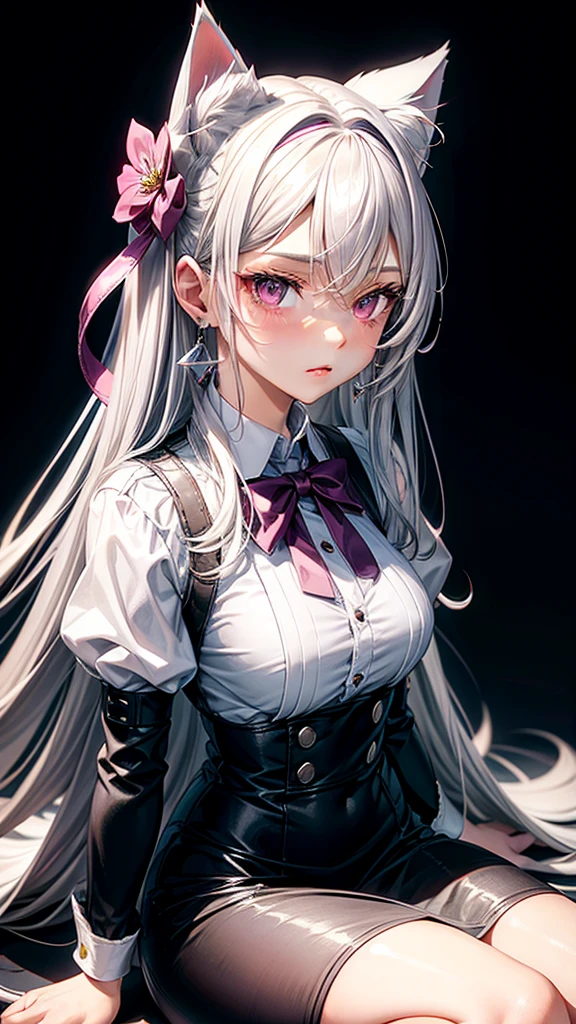 Silver hair, pink eyes, body, cat ears, sexy girl, earrings, flower background, uniform, hair bows, sit, light background