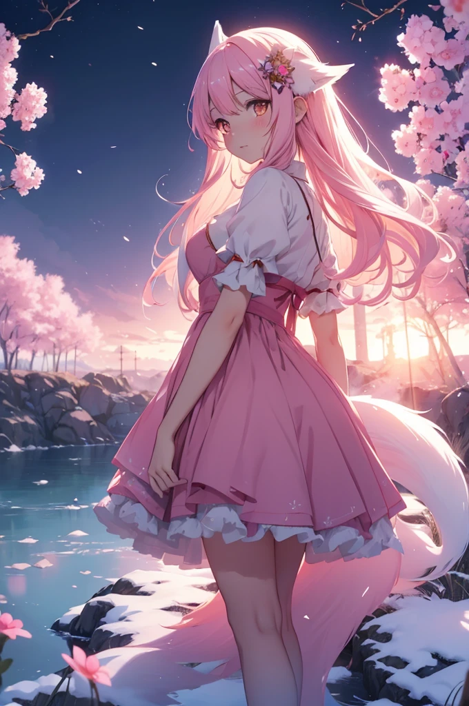 9 snow-white fox tails (1.0), Milky Fox Tail (1.0), Nine-Tailed Foxの狐のクローズアップ, Nine-Tailed Fox, Nine-Tailed Fox, With pink hair、Anime girl in a pink dress with flowers in her hair, very Beautiful anime fox girl, Beautiful anime fox girl, Beautiful fantasy anime, Gwaiz, Anime girl with fox ears, Beautiful Anime Girls, Very beautiful and cute fox girl, Pink flower rain, Background Blur, Anime Style 4k, Anime fantasy artwork, 4k anime wallpaper, Gubes-inspired artwork