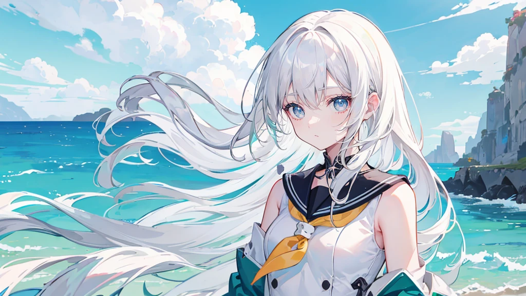White Hair,Long Hair,bangs,bangs整齐,Green hair band,Grey Eyes,girl,cute,The body is very thin, JK Sailor Suit,The background is blue sky and white clouds