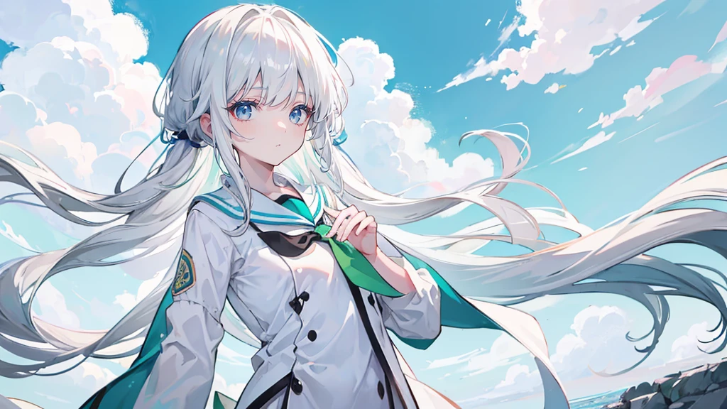White Hair,Long Hair,bangs,bangs整齐,Green hair band,Grey Eyes,girl,cute,The body is very thin, JK Sailor Suit,The background is blue sky and white clouds