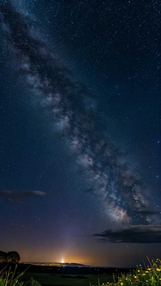 (Zoom out:1.1), (Meteors:1.2), (comet:1.1), Low - Angle, Aloura Borealis, shooting star, Highest quality, masterpiece, cloud, colorful, Starry sky, night, Flower Field, Flowers Bloom, night sky, beautiful flower, night theme,