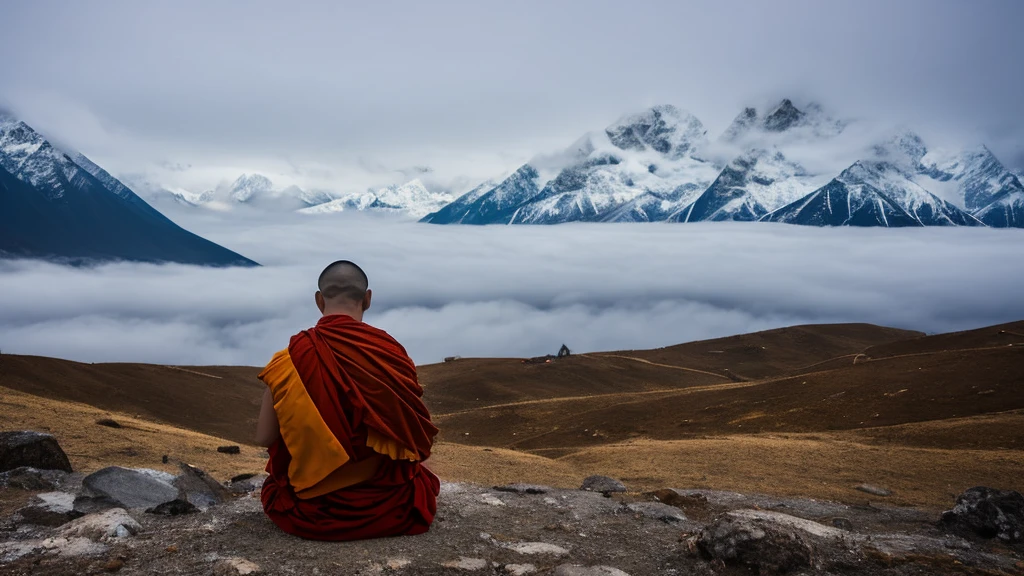 Tibetan monk with his back meditating, with a background landscape of snowy mountains and a lot of fog. Dark and relaxing image.