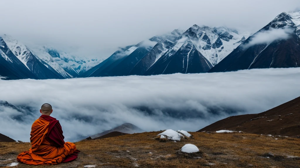 Tibetan monk with his back meditating, with a background landscape of snowy mountains and a lot of fog. Dark and relaxing image.