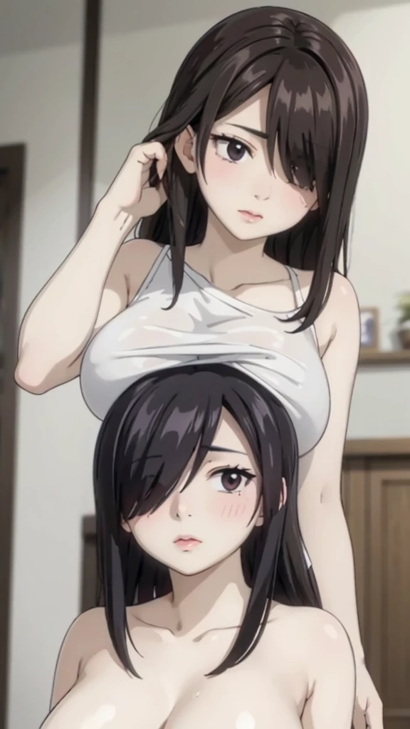 Cute mommy,busty mature women,plump, chubby, fat,realistic skin, transparent bra, see through nipple,realistic breast, saggy breast, nipple out,muted colours, cold lighting, pale white skin, mature women,black hair, long hair, (hair over one eye:1.4), Messy hair,straight hair,hair between eyes ,sleepy eyes ,beautiful,pucker lips,smeared lipstick,charm,pubic hair pussy,dense pubic hair, cute shy blush on 