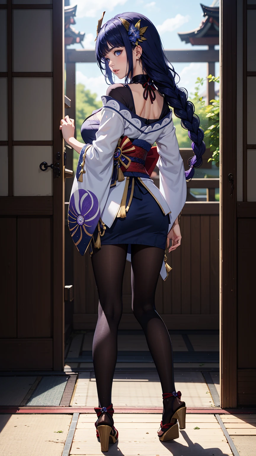 Masterpiece, ultra detail, high quality, 8k cg, huge breasts, raidenshogundef, blush, bright eyes, standing, slim body, narrow waist, (full body:1.5), (Indigo Pantyhose), ((View from behind))