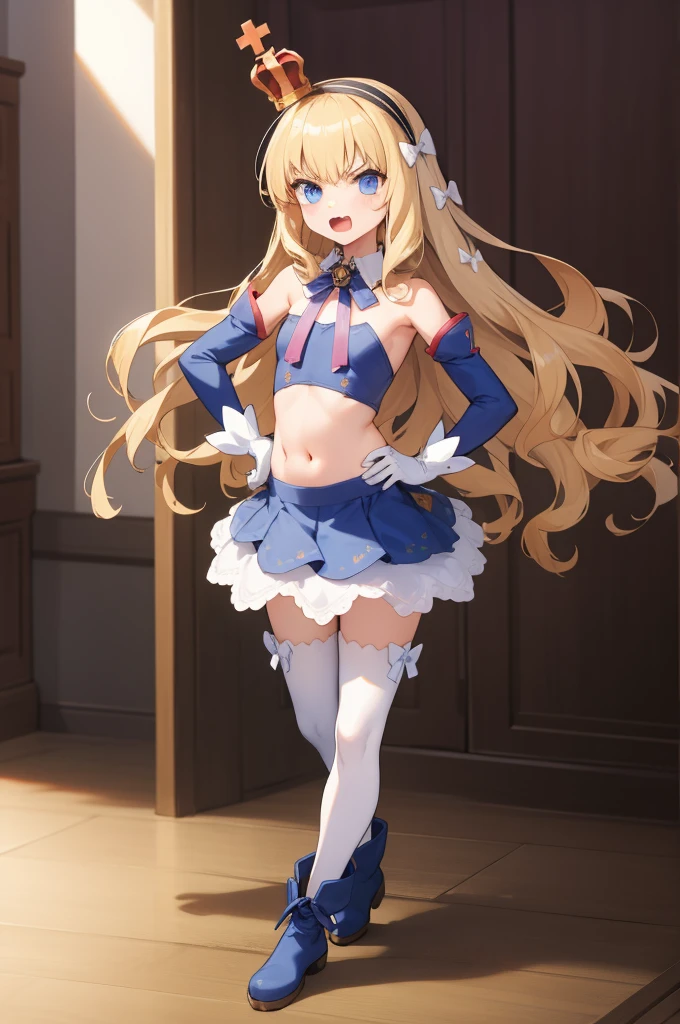 blue eyes,long eyelashes,frilly baby blue bikini,medium breasts,wide hips,bishoujo,curls,fringe bangs,fullbody,masterpiece,embarrassed,highres,blonde,long hair,standing, bikini skirt,