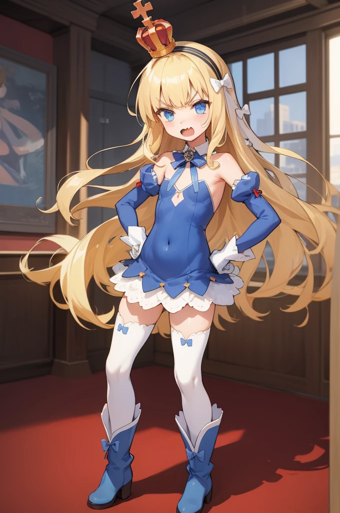 (masterpiece, best quality:1.2),illustration,8k,hd,1girls,solo,,blonde_hair,long_hair,blue_eyes,hairband,mini_crown,hair_bow,bangs,black_hairband,small_breasts,white_bow,very_long_hair,gloves,white_gloves,white_thighhighs,dress,fang,covered_navel,detached_sleeves,flat_chest,v-shaped_eyebrows,zettai_ryouiki,detached_collar,full_body,ribbon,boots,indoor,hands on hip,miniskirt,navel