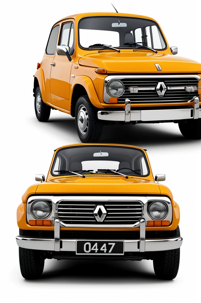A Renault 4l on a white background with a body which includes orange, black and blue with the log of the equipment counter