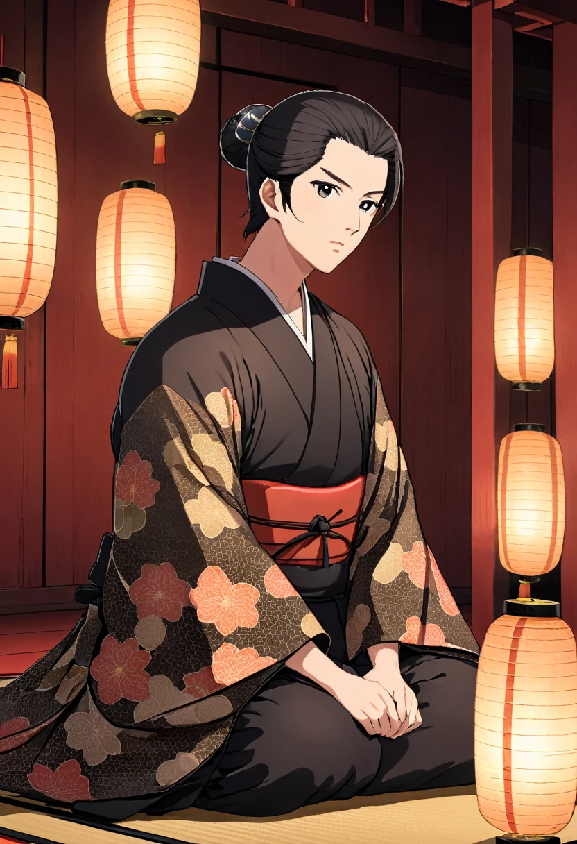 Yakumo Yurakutei (Kikuhiko) from "Shouwa Genroku Rakugo Shinjuu" sitting on a tatami mat in an old-fashioned Japanese theater. He is wearing a traditional, elegant kimono with intricate patterns, fitting his refined and dignified persona. His hair is styled neatly in a classic manner of the Shouwa era. The background features the dimly lit stage with paper lanterns casting a warm glow, wooden pillars, and traditional Japanese decor. Kikuhiko’s expression is calm and intense, reflecting his deep concentration and emotional depth as he prepares for his rakugo performance. The scene captures the rich cultural atmosphere and historical setting of the Shouwa period.
