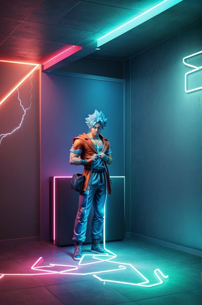 create a gaming room setup with low brightness blue neon lightning, Written KING in Baground wall and AI with bold latter colour and add Goku wallpaper in walls with natural colour
