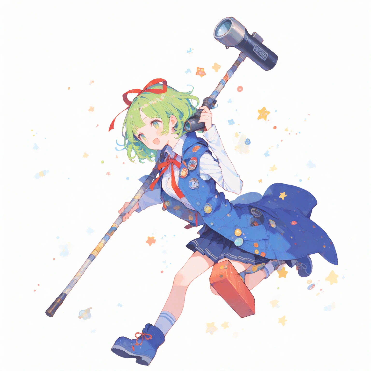 Giant Girl、Monocular、Green Hair、Red ribbon、Blue sleeveless coat、White Shirt、Blue no pleats skirt、White knee socks、Blue short boots、Pole Hammer、tegaki