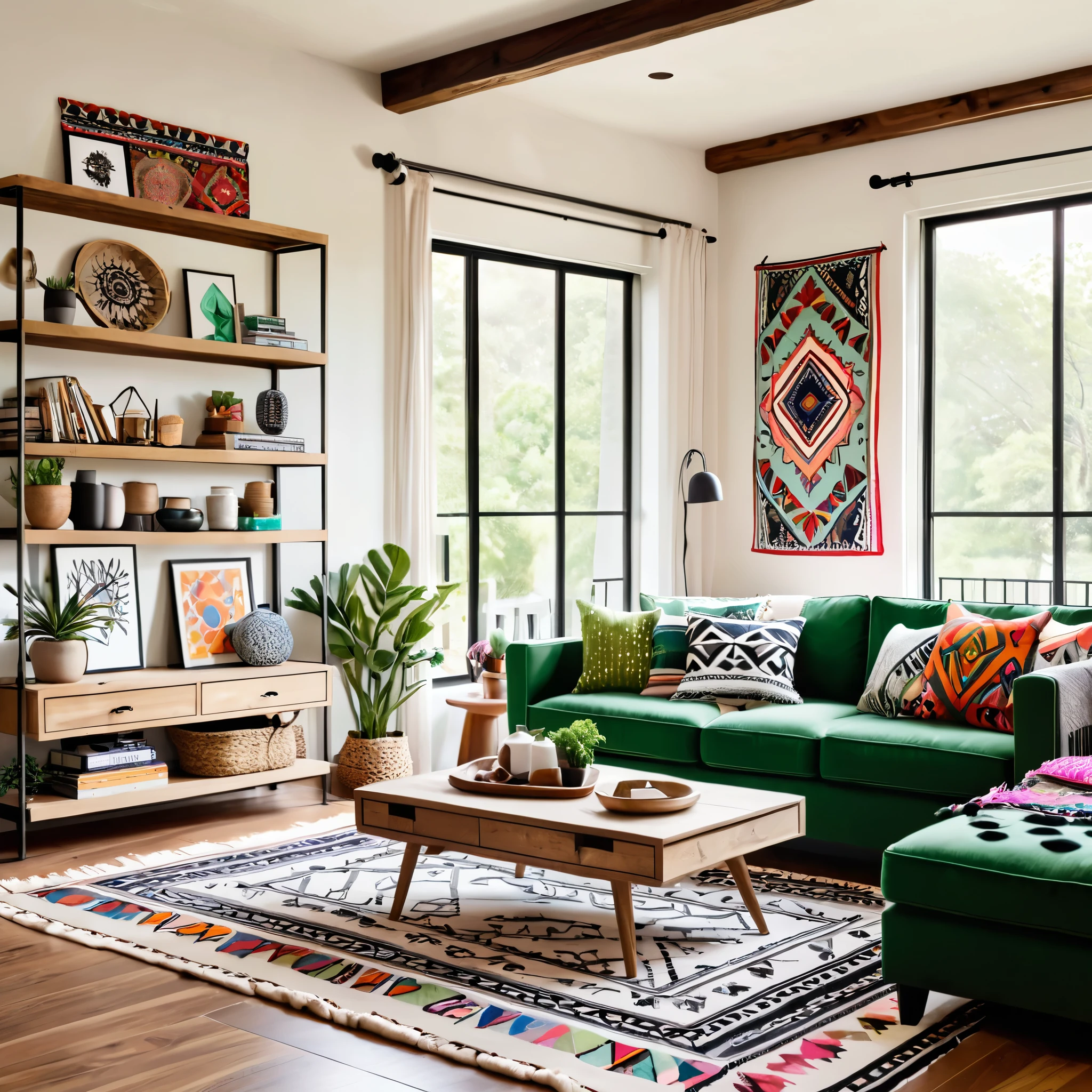 Design a bright and cozy living room featuring a mix of modern and eclectic decor. The room includes a green sofa with colorful throw pillows, a wooden coffee table, and a black and white patterned rug. The walls are adorned with various wall hangings and decorations, including a large tapestry and dreamcatchers. The space is well-lit with natural light coming through large windows, creating a warm and inviting atmosphere. Add a few small decorative items on the coffee table and shelves to enhance the cozy feel.