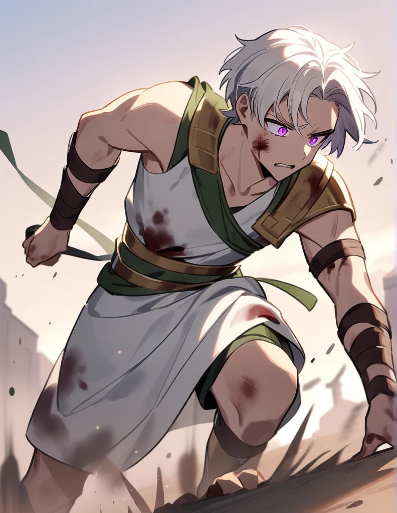 young Greek warrior with long white hair, violet eyes, with one of his arms bandaged, with his face badly bruised and bleeding from his forehead, and with blood on his clothes, making an effort to get up from the ground