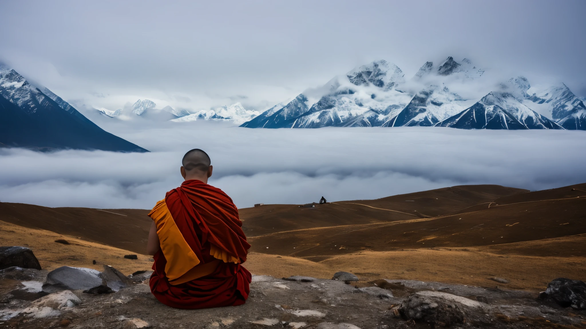 Tibetan monk with his back meditating, with a background landscape of snowy mountains and a lot of fog. Dark and relaxing image.