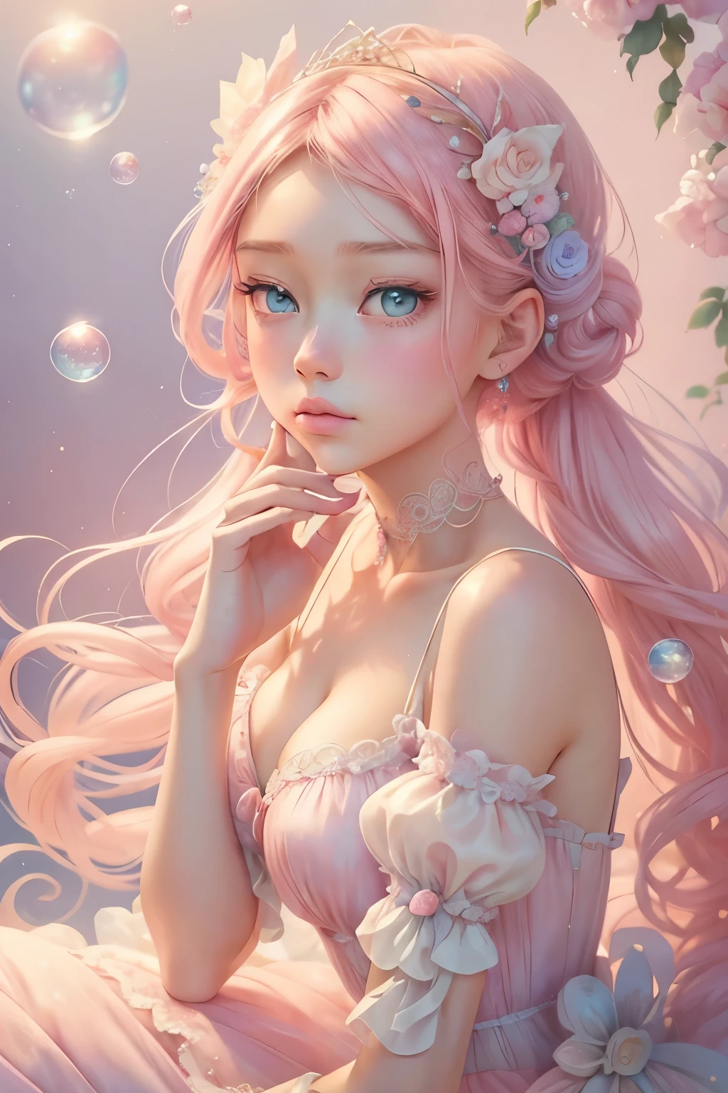 ((masterpiece)). This work is wonderful, dream-like、Fantastic, Soft pink watercolor hues and lots of gorgeous cotton candy accents. Generates delicate and modest English fairies、explore (A colorful bubble gum world in pastel colors). Her sweet face is extremely detailed and realistic with elegant features and a sweet and subtle expression and looks like ((Gigi Hadid)). Include mature features, Swollen lips, And it's great, Extremely realistic eyes. Her eyes are important、Be realistic, Very detailed, And it's beautiful. High resolution and detail, Include many details like stars, Milky Way, Colorful bubbles, Colorful petals, And a lot of energy and emotion! Stars and colorful bubblegum bubbles are important! Include fantasy details, Enhanced Details, iris, Colorful sparkling wind, And pollen. Pay special attention to her face、Make sure it's beautiful and realistic in detail。. The image should be dream-like、Fantastic.8K, Complex, elegant, Very detailed, Majestic, Digital photography