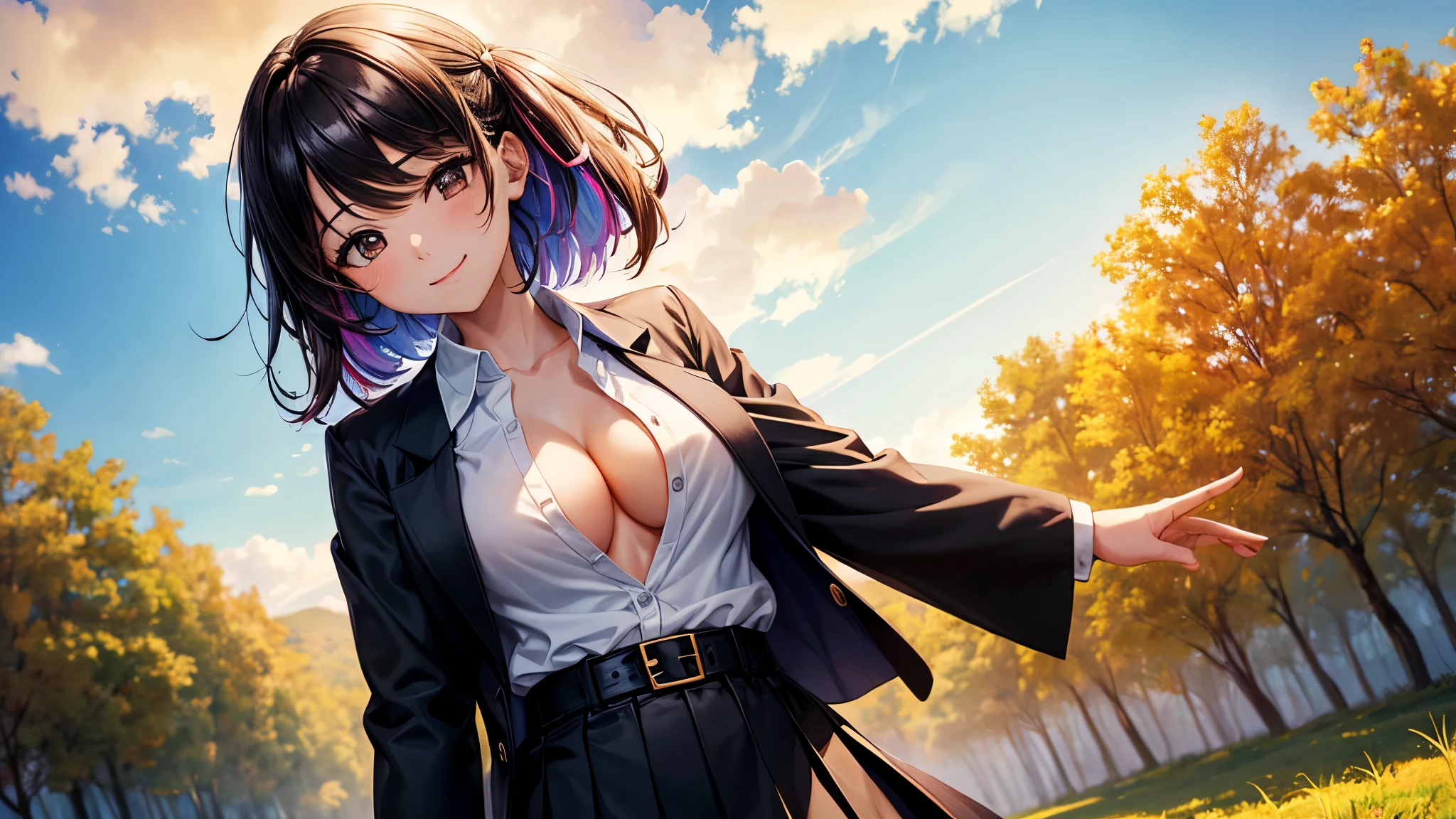 1girl, full body, solo, summer, village, trees, sun, clouds, ((colorful hair)), large breasts, ((black blazer)), button down shirt, ((white shirt)), ((short sleeved shirt)), ((unbuttoned shirt)), unbuttoning buttons, cleavage 1:3, brown eyes, skirt, smile, looking at the viewer, standing, hair ribbon, golden necklate