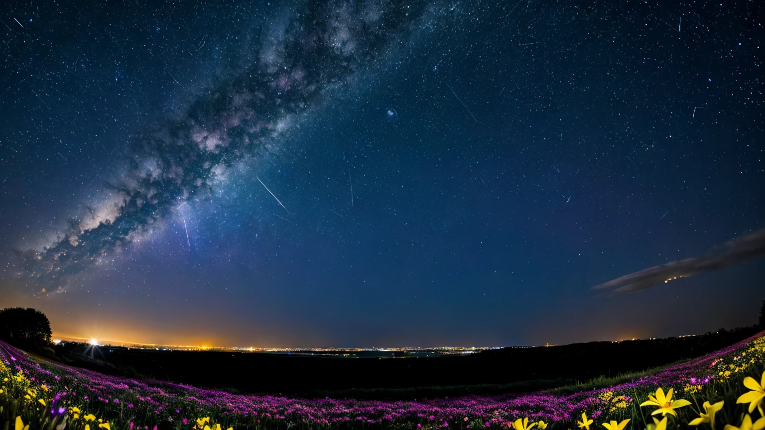 (Zoom out:1.1), (Meteors:1.2), (comet:1.1), Low - Angle, Aloura Borealis, shooting star, Highest quality, masterpiece, cloud, colorful, Starry sky, night, Flower Field, Flowers Bloom, night sky, beautiful flower, night theme,