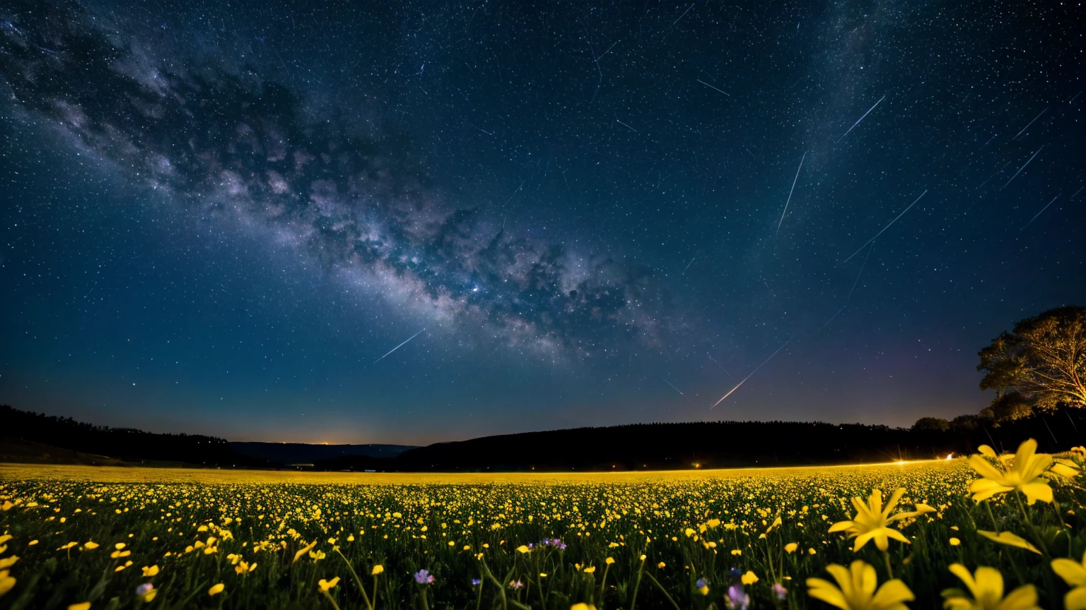 (Zoom out:1.1), (Meteors:1.2), (comet:1.1), Low - Angle, Aloura Borealis, shooting star, Highest quality, masterpiece, cloud, colorful, Starry sky, night, Flower Field, Flowers Bloom, night sky, beautiful flower, night theme,