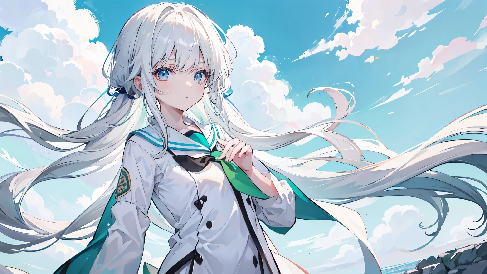 White Hair，Long Hair，bangs，bangs整齐，Green hair band，Grey Eyes，girl，cute，The body is very thin， JK Sailor Suit，The background is blue sky and white clouds