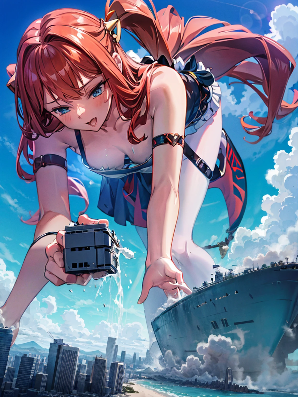 Giantess appears from underwater in front of a giant cruise ship, the cruise ship looks very small in front of her because it is giant, she is naked, she has red hair and white skin, she has small breasts but very sexy legs and her body is very curvy. Goddess, Attack, giant, cruise ship, full naked, sexy, hot, ocean, in middle of the ocean, without buildings, High quality, Red hair, hottest, tall girl, sexy legs, monster girl, cruise ship, giant cruise, attacking, evil, mad, without clothes, hentai, xxx