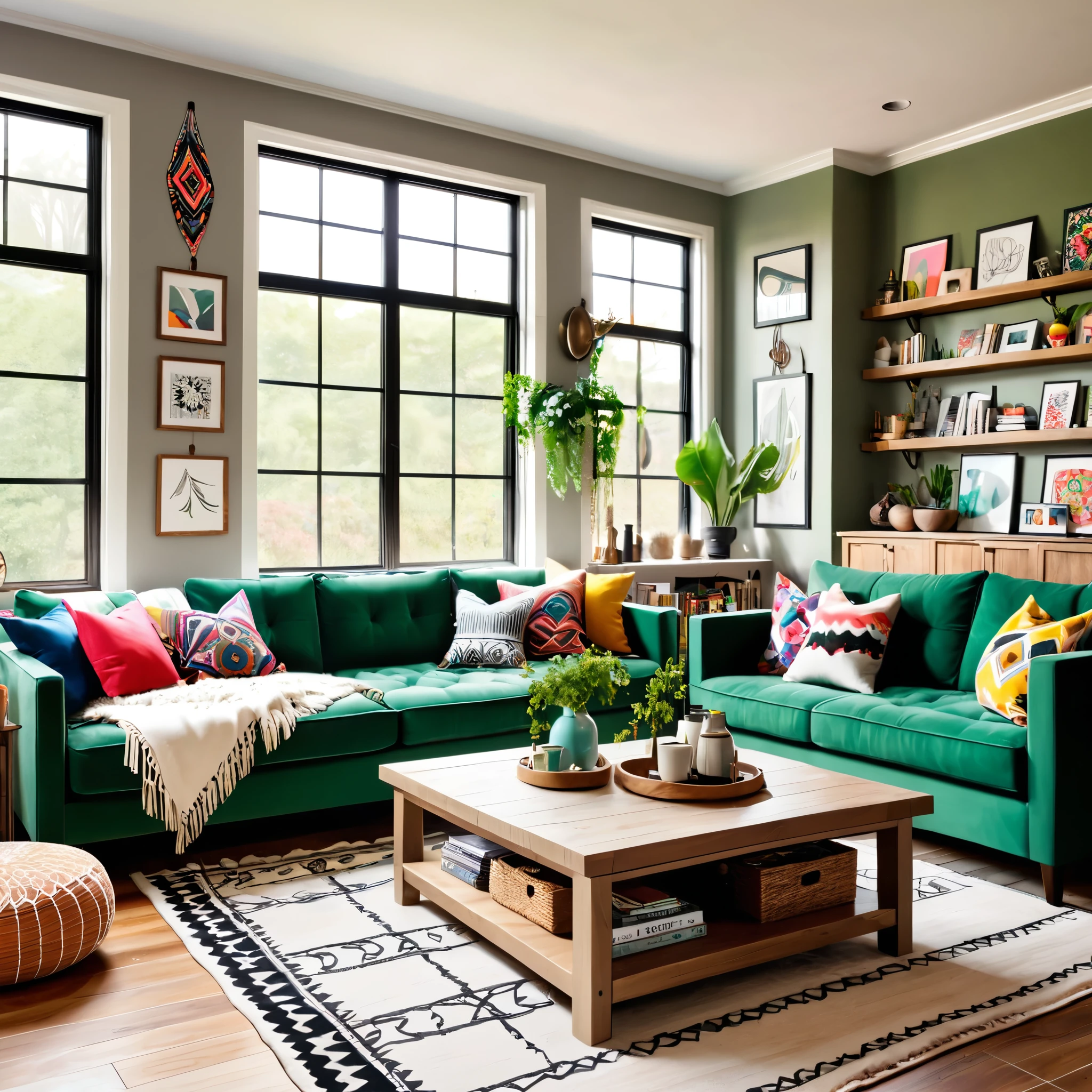 Design a bright and cozy living room featuring a mix of modern and eclectic decor. The room includes a green sofa with colorful throw pillows, a wooden coffee table, and a black and white patterned rug. The walls are adorned with various wall hangings and decorations, including a large tapestry and dreamcatchers. The space is well-lit with natural light coming through large windows, creating a warm and inviting atmosphere. Add a few small decorative items on the coffee table and shelves to enhance the cozy feel.