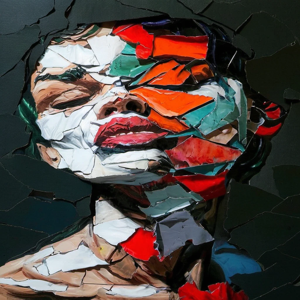 The Joker with a face made of ripped pieces,Batman&#39;s Joker,Ultra delicate, intricate and intense Oil paint, Abstract Portrait, intricate Oil painting artwork, Vadim Kashin. Ultra-realistic, detailed impasto, Portrait painted with paint, Swallowed, intricate and wet Oil paint, Oil paint, Trending Art, Artist Unknown, Painful expression, Ryan Hewett