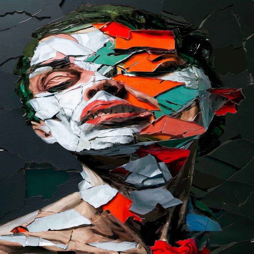 The Joker with a face made of ripped pieces,Batman&#39;s Joker,Ultra delicate, intricate and intense Oil paint, Abstract Portrait, intricate Oil painting artwork, Vadim Kashin. Ultra-realistic, detailed impasto, Portrait painted with paint, Swallowed, intricate and wet Oil paint, Oil paint, Trending Art, Artist Unknown, Painful expression, Ryan Hewett