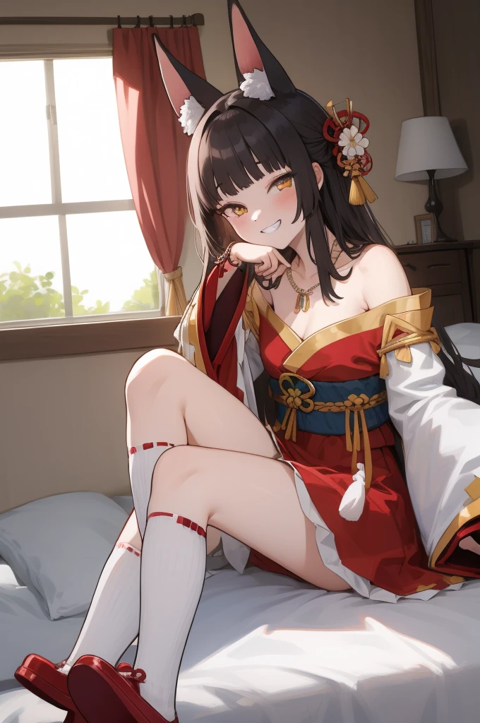 (masterpiece, best quality:1.2),illustration,8k,hd,1girl,solo,long_hair,animal_ears,fox_ears,kneehighs,hair_ornament,black_hair,bangs,white_socks,wide_sleeves,strapless_dress,detached_sleeves,sidelocks,yellow_eyes,red_dress,blunt_bangs,bare_shoulders,necklace,jewelry,japanese_clothes,long_sleeves,red_footwear,grin,my room,thigh