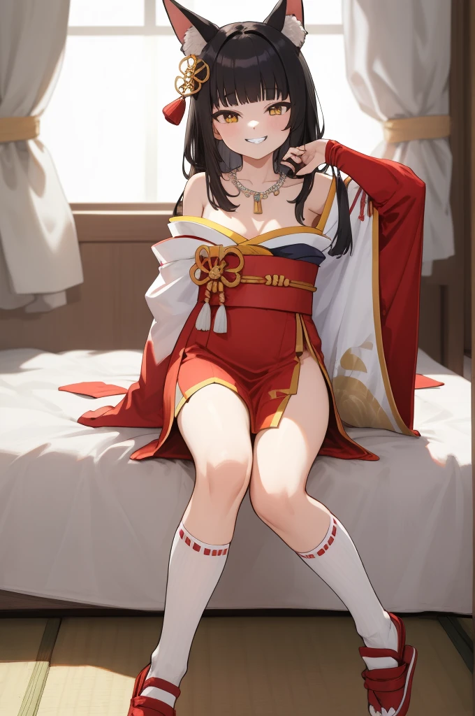 (masterpiece, best quality:1.2),illustration,8k,hd,1girl,solo,long_hair,animal_ears,fox_ears,kneehighs,hair_ornament,black_hair,bangs,white_socks,wide_sleeves,strapless_dress,detached_sleeves,sidelocks,yellow_eyes,red_dress,blunt_bangs,bare_shoulders,necklace,jewelry,japanese_clothes,long_sleeves,red_footwear,grin,my room,thigh