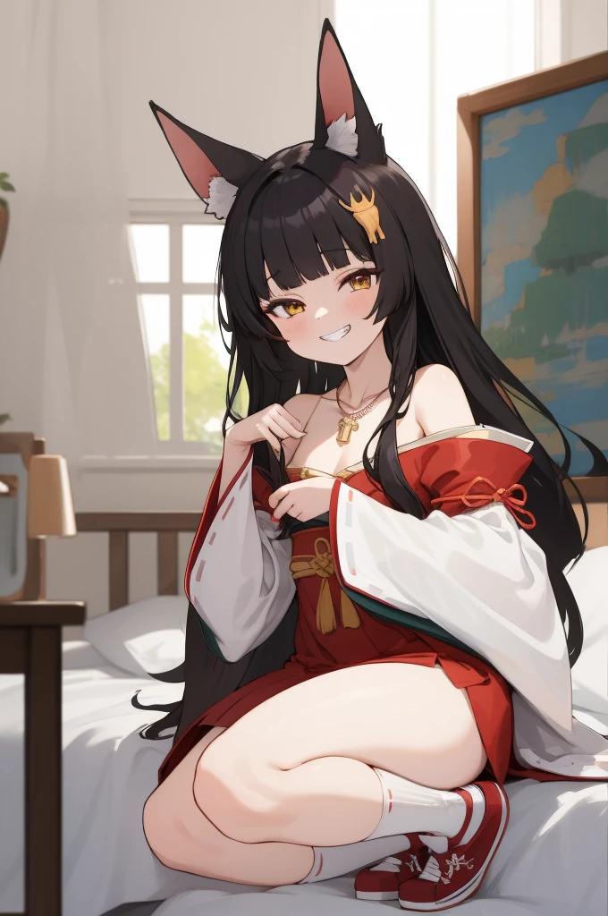 (masterpiece, best quality:1.2),illustration,8k,hd,1girl,solo,long_hair,animal_ears,fox_ears,kneehighs,hair_ornament,black_hair,bangs,white_socks,wide_sleeves,strapless_dress,detached_sleeves,sidelocks,yellow_eyes,red_dress,blunt_bangs,bare_shoulders,necklace,jewelry,japanese_clothes,long_sleeves,red_footwear,grin,my room,thigh