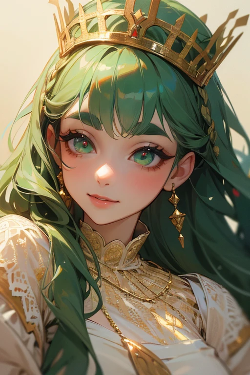 (Highest quality, masterpiece:1.2), High resolution, Very detailed, Realistic:1.37, Fantasy, An illustration, Green Eyes、Queen, White lace dress.Platinum decoration、beautifully、Eyeshadow Red、Thick eyebrows、Long eyelashes、pupils are black、Her hair is dark green、Gold crown、Kissing Face、Embarrassing、Beloved by the crowd、Hair is green、Braiding、hair ornaments、laughing out loud、