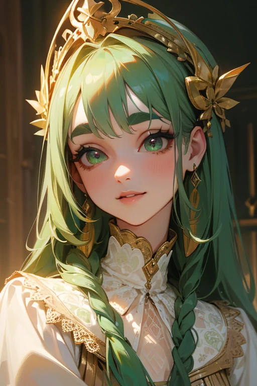 (Highest quality, masterpiece:1.2), High resolution, Very detailed, Realistic:1.37, Fantasy, An illustration, Green Eyes、Queen, White lace dress.Platinum decoration、beautifully、Eyeshadow Red、Thick eyebrows、Long eyelashes、pupils are black、Her hair is dark green、Gold crown、Kissing Face、Embarrassing、Beloved by the crowd、Hair is green、Braiding、hair ornaments、laughing out loud、