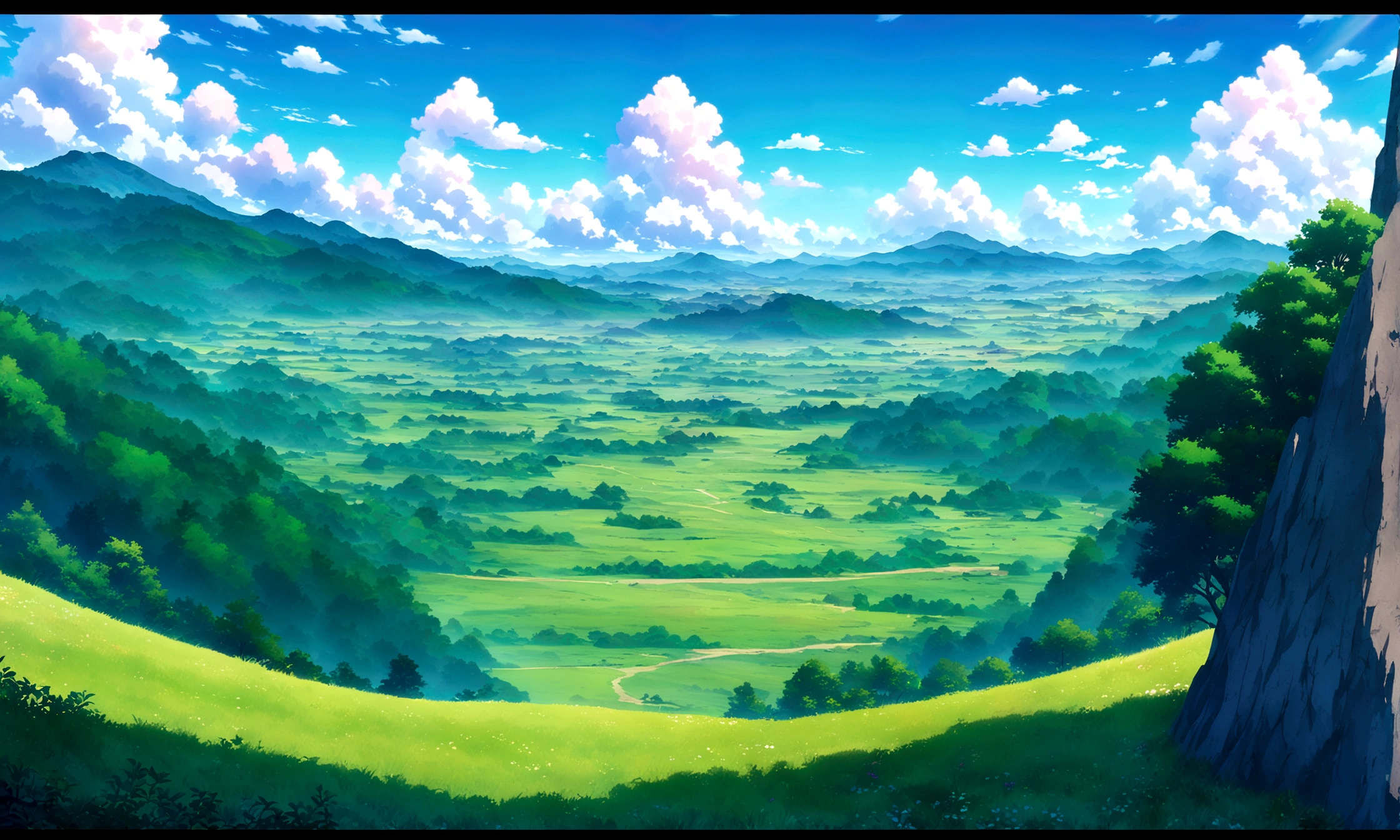 japanese anime - style painting of beautiful day grassy field,towering mountains in the distance,lush forests, An expansive open field below under blue cloudy skies,anime countryside landscape, anime landscape, anime landscape wallpaper, anime background art, beautiful anime scenery, anime background, anime beautiful peace scene, anime scenery, anime movie background, anime nature, anime scenery concept art, colorful anime movie background, beautiful anime scene, anime scene, beautiful landscape background, anime art wallpaper 8 K beautiful anime scene,anime, 4 K highly detailed digital art