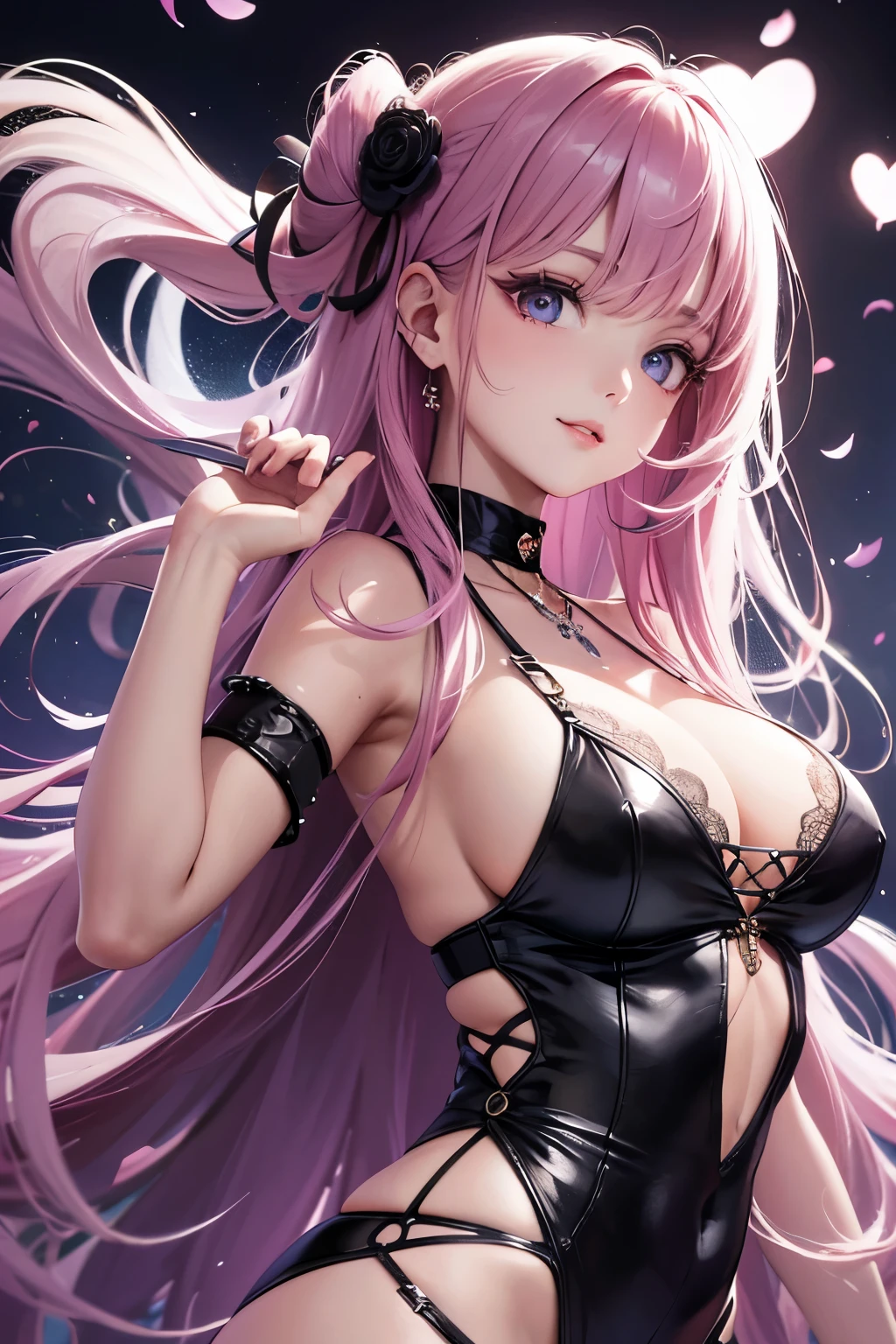 masterpiece, best quality, highly detailed, high resolution, expensive resolution, high resolution, 4k, 8k, uniform 8k wallpaper, highly detailed CG, masterpiece, 2d, 3d, beautiful details, depth, fine texture, best quality: 1.3, perfectly focused, sharp. skin, him, very cute anime girl, cute 20s girl in idol outfit, big , pink medium long hair in expensive clothes, mole under eye, looking at the viewer, expensive, blush, mole, open lips, pink eyes, smiling heart shaped choker, dome concert