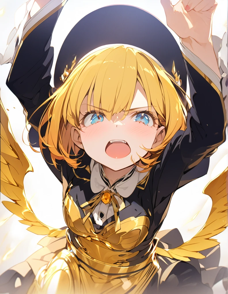 masterpiece　Golden Wings　A masterpiece of ultra-precise description of a girl fighting with golden flames (Short Bob Hair:1.4),(blue eyes)Fighting pose Golden flames rise all over　Big Breasts